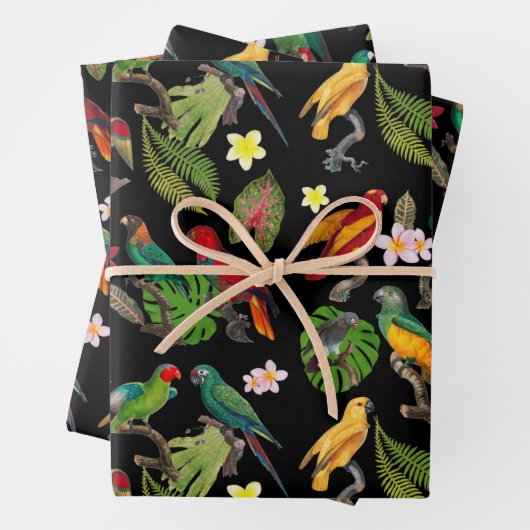 Kleurrijke tropische parrots, bladeren en bloemen inpakpapier vel (In situ)