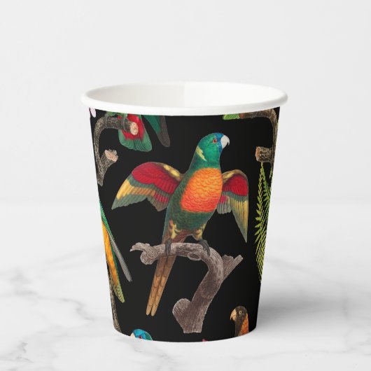 Kleurrijke tropische parrots, bladeren en bloemen papieren bekers (Links)