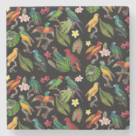 Kleurrijke tropische parrots, bladeren en bloemen stenen onderzetter (Voorkant)