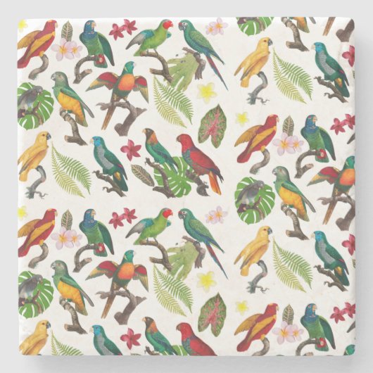Kleurrijke tropische parrots, bladeren en bloemen stenen onderzetter (Voorkant)