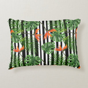 Kleurrijke Tropische Plant, Palmbladeren en Vogel Accent Kussen