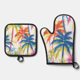 KLEURRIJKE TROPISCHE RETRO PALMBOMEN OVENWANT & PANNENLAP SET