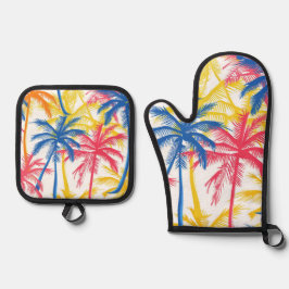 KLEURRIJKE TROPISCHE RETRO PALMBOMEN OVENWANT & PANNENLAP SET