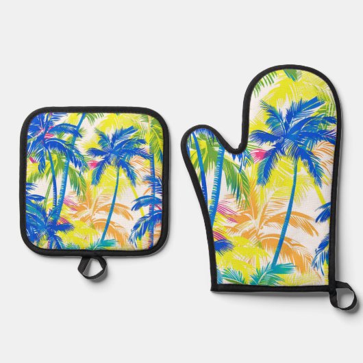 KLEURRIJKE TROPISCHE RETRO PALMBOMEN OVENWANT & PANNENLAP SET (Voorkant)