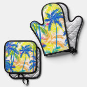 KLEURRIJKE TROPISCHE RETRO PALMBOMEN OVENWANT & PANNENLAP SET (Voorkant / Achterkant)