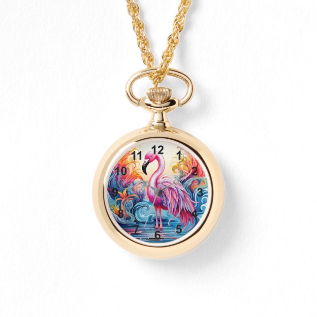 Kleurrijke Tropische Roze Flamingo Elegante Vrouwe Horloge (Voorkant)