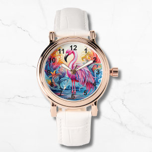 Kleurrijke Tropische Roze Flamingo Elegante Vrouwe Horloge