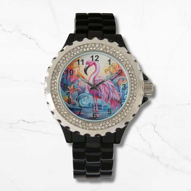 Kleurrijke Tropische Roze Flamingo Elegante Vrouwe Horloge (Creator heeft geüpload)