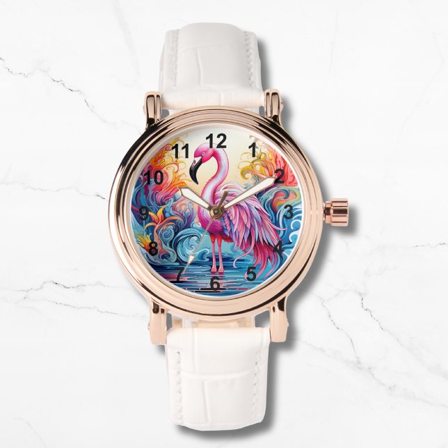 Kleurrijke Tropische Roze Flamingo Elegante Vrouwe Horloge (Creator heeft geüpload)