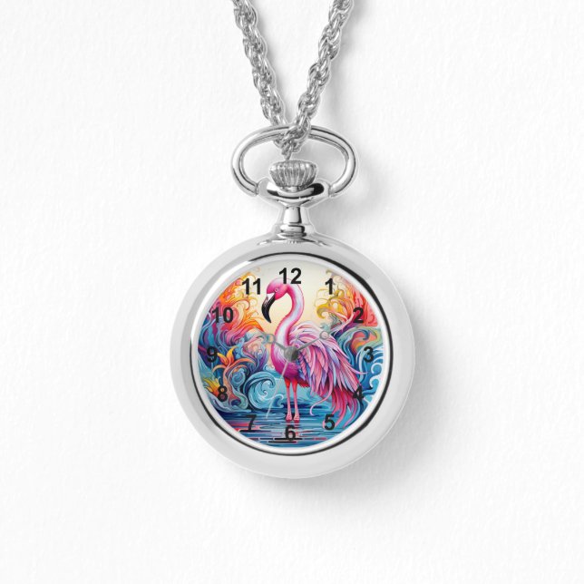 Kleurrijke Tropische Roze Flamingo Elegante Vrouwe Horloge (Voorkant)