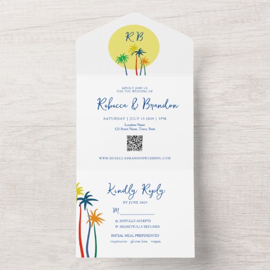 Kleurrijke Tropische Strandbruiloft All In One Uitnodiging (Binnen)