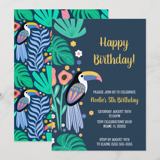 Kleurrijke Tropische Toucan Vogelbloemen Verjaarda Kaart (Voorkant / Achterkant)