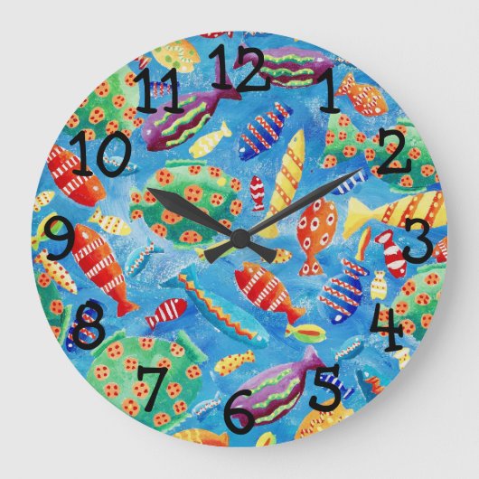 Kleurrijke Tropische Vissen Aquarel Schilderij Grote Klok (Voorkant)