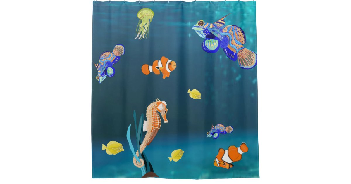 Kleurrijke tropische vissen en zeepaardjes douchegordijn Zazzle.nl