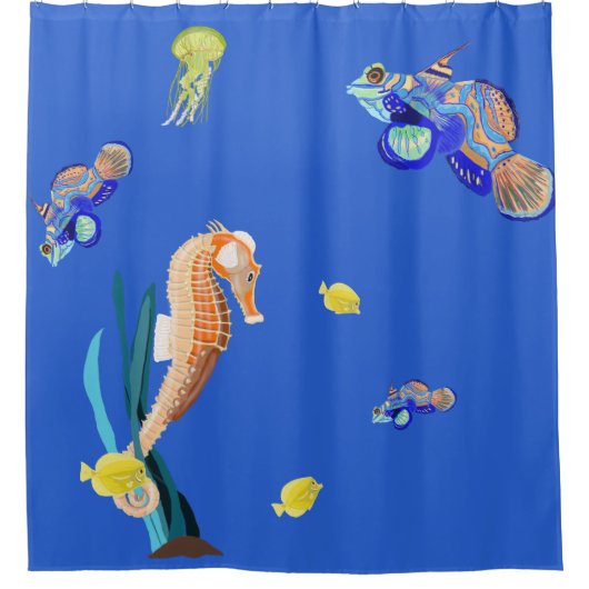 Kleurrijke tropische vissen en zeepaardjes douchegordijn (Voorkant)