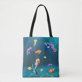 Kleurrijke tropische vissen en zeepaardjes tote bag