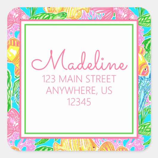 Kleurrijke tropische vissen retouradreslabels vierkante sticker (Voorkant)