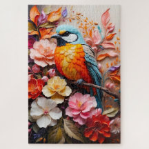 Kleurrijke Tropische Vogel met Bloemen Puzzel