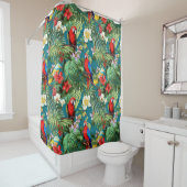 Kleurrijke Tropische Vogels en Bloemen Bladgroen Douchegordijn (In situ)