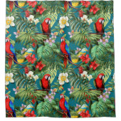 Kleurrijke Tropische Vogels en Bloemen Bladgroen Douchegordijn (Voorkant)