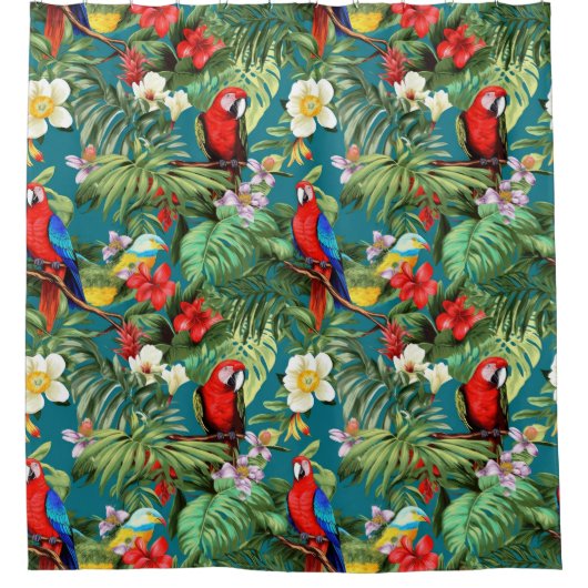 Kleurrijke Tropische Vogels en Bloemen Bladgroen Douchegordijn (Voorkant)