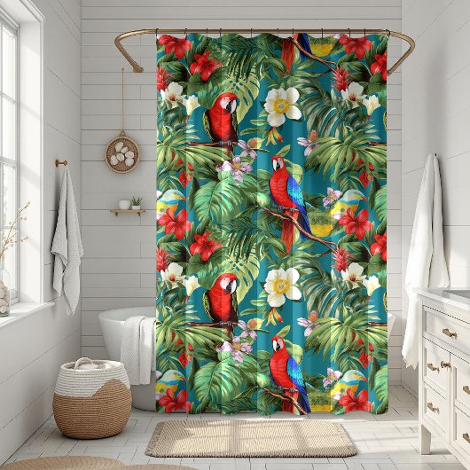 Kleurrijke Tropische Vogels en Bloemen Bladgroen Douchegordijn
