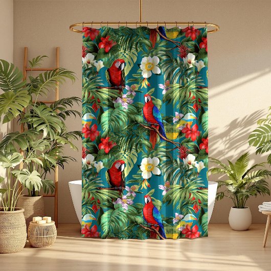 Kleurrijke Tropische Vogels en Bloemen Bladgroen Douchegordijn