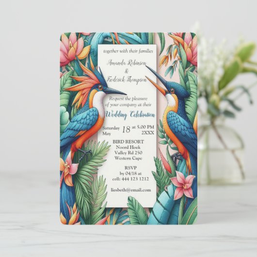 Kleurrijke tropische vogels en levendige, weelderi kaart (Staand voorkant)