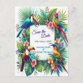 Kleurrijke tropische vogels en levendige weelderig aankondigingskaart (Voorkant)