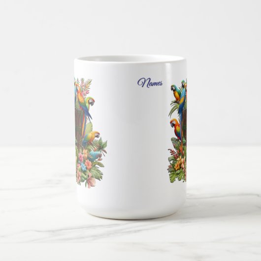 Kleurrijke tropische vogels en levendige weelderig koffiemok (Center)