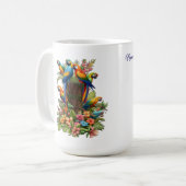 Kleurrijke tropische vogels en levendige weelderig koffiemok (Voorkant links)