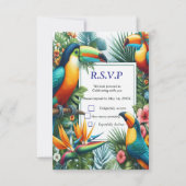 Kleurrijke tropische vogels en levendige weelderig RSVP kaartje (Voorkant)