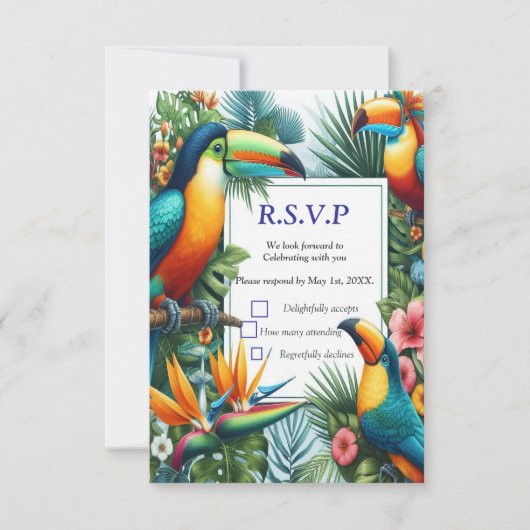 Kleurrijke tropische vogels en levendige weelderig RSVP kaartje (Voorkant)
