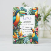 Kleurrijke tropische vogels en levendige weelderig RSVP kaartje (Staand voorkant)