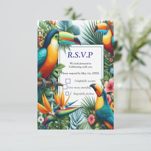 Kleurrijke tropische vogels en levendige weelderig RSVP kaartje (Staand voorkant)