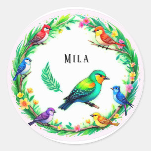 Kleurrijke Tropische Vogels in Bloemrijke Cirkelvo Ronde Sticker