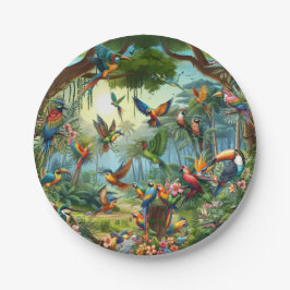 Kleurrijke tropische vogels tussen levendig, weeld papieren bordje