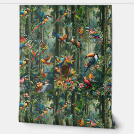 Kleurrijke tropische vogels tussen levendige, weel behang