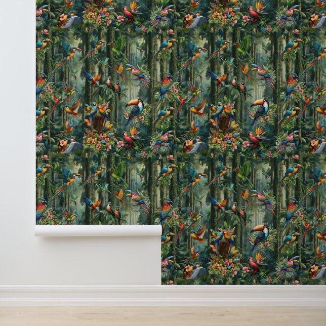 Kleurrijke tropische vogels tussen levendige, weel behang (Applicatie)
