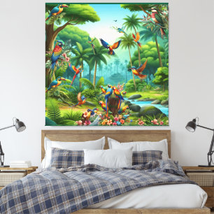 Kleurrijke tropische vogels tussen levendige, weel canvas afdruk