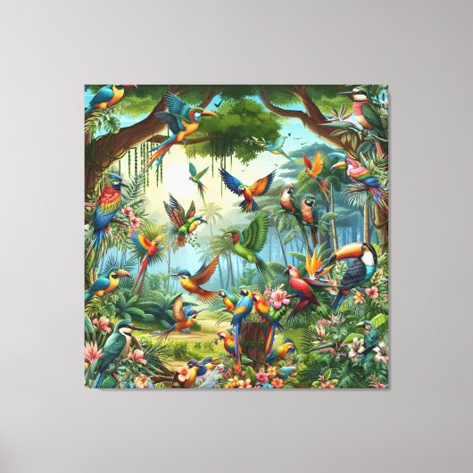 Kleurrijke tropische vogels tussen levendige, weel canvas afdruk (Voorkant)