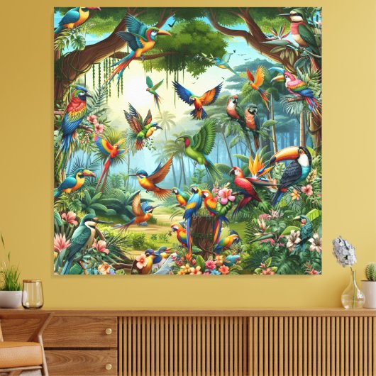 Kleurrijke tropische vogels tussen levendige, weel canvas afdruk (Insitu (Woonkamer))