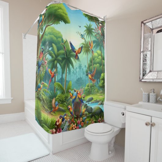 Kleurrijke tropische vogels tussen levendige, weel douchegordijn (In situ)