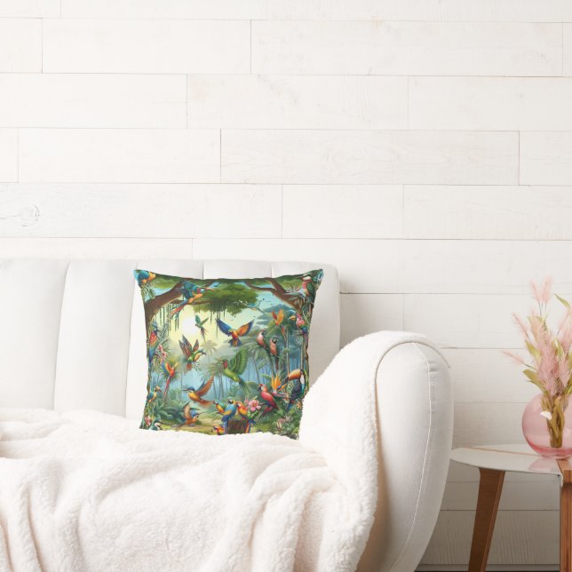 Kleurrijke tropische vogels tussen levendige, weel kussen (Bank)