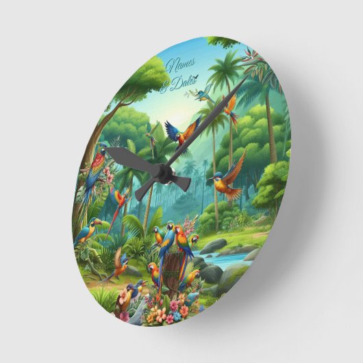 Kleurrijke tropische vogels tussen levendige, weel ronde klok (Hoek)