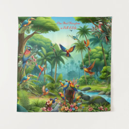 Kleurrijke tropische vogels tussen levendige, weel wandkleed