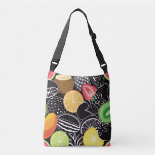 Kleurrijke tropische vruchten, zwarte achtergrond. crossbody tas