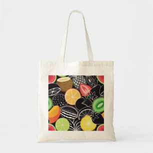 Kleurrijke tropische vruchten, zwarte achtergrond. tote bag