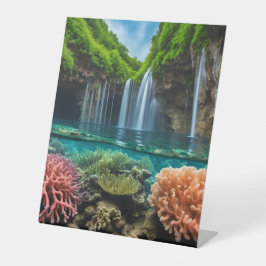 Kleurrijke tropische watervallen reclamebord met voetstuk