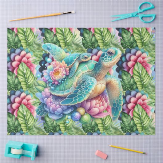 Kleurrijke Tropische Zeeen Schildpadden Mama & Bab Tissuepapier (Craft)